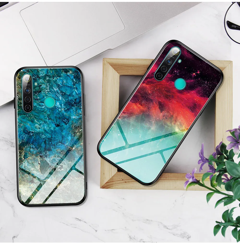 For OPPO Realme 3 Pro/Realme 5/Realme 5 Pro Mobile Shell Soft TPU Phone Case Glass Back Panel Gradient Design Overall Protective Shell Colorful nebula