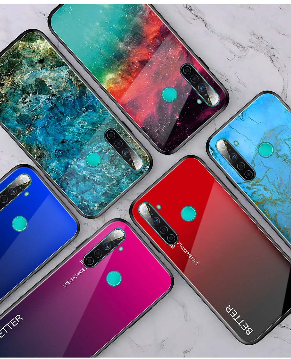 For OPPO Realme 3 Pro/Realme 5/Realme 5 Pro Mobile Shell Soft TPU Phone Case Glass Back Panel Gradient Design Overall Protective Shell Colorful nebula