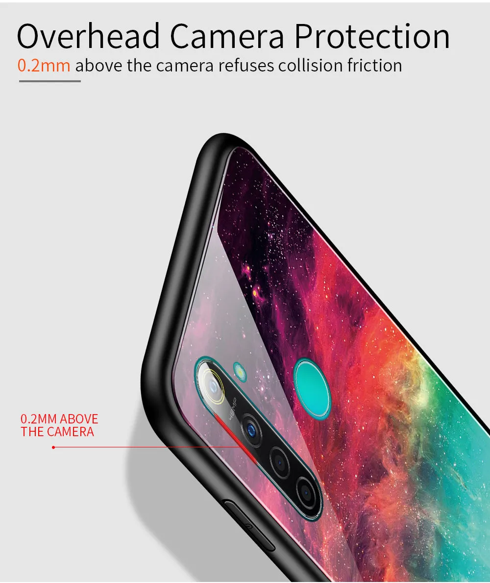For OPPO Realme 3 Pro/Realme 5/Realme 5 Pro Mobile Shell Soft TPU Phone Case Glass Back Panel Gradient Design Overall Protective Shell Colorful nebula