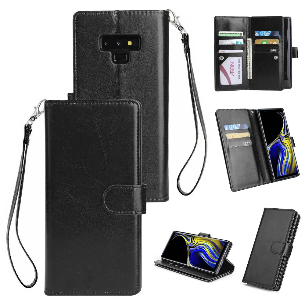 For Samsung Note 9 PU Full Protective Cover with 9 Card Slot Lanyard Bracket Buckle blue