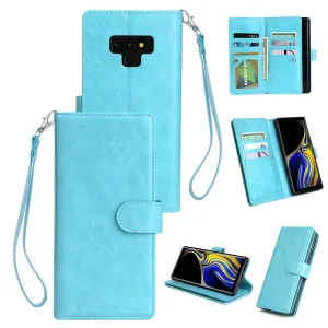 For Samsung Note 9 PU Full Protective Cover with 9 Card Slot Lanyard Bracket Buckle blue