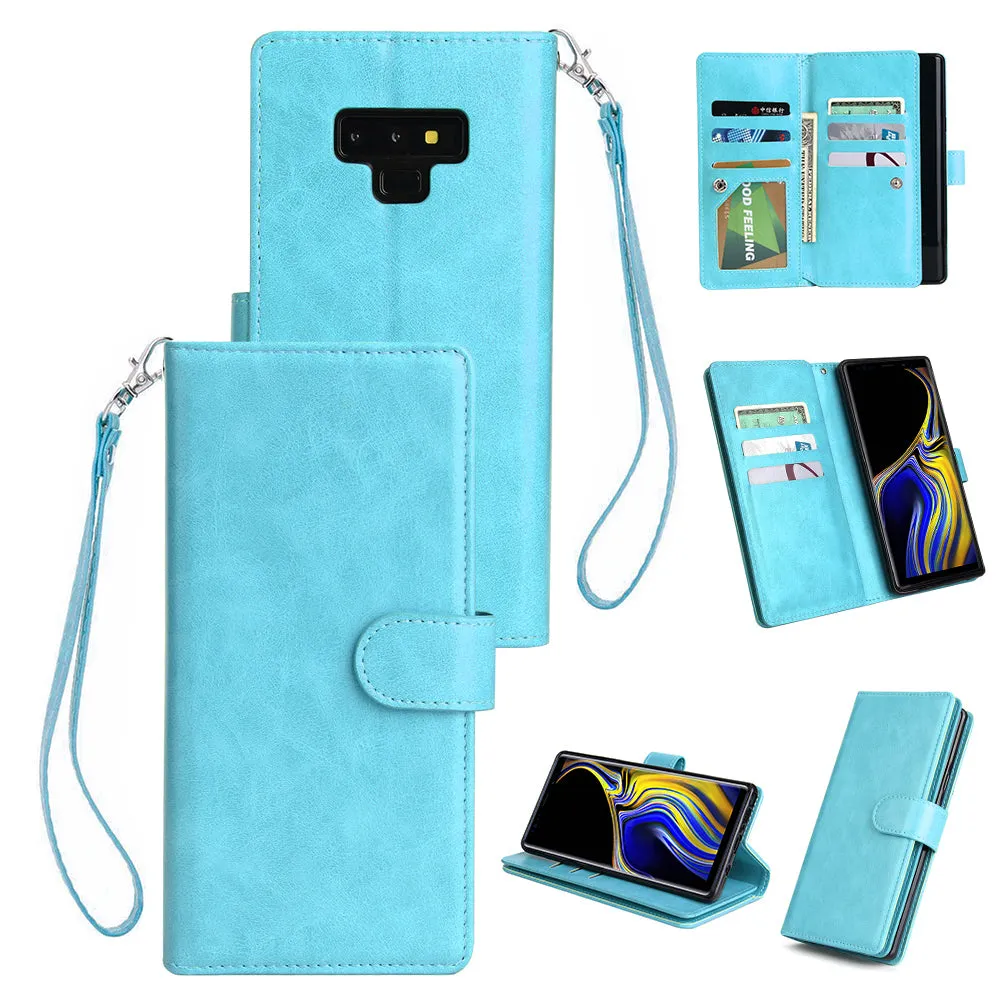 For Samsung Note 9 PU Full Protective Cover with 9 Card Slot Lanyard Bracket Buckle blue
