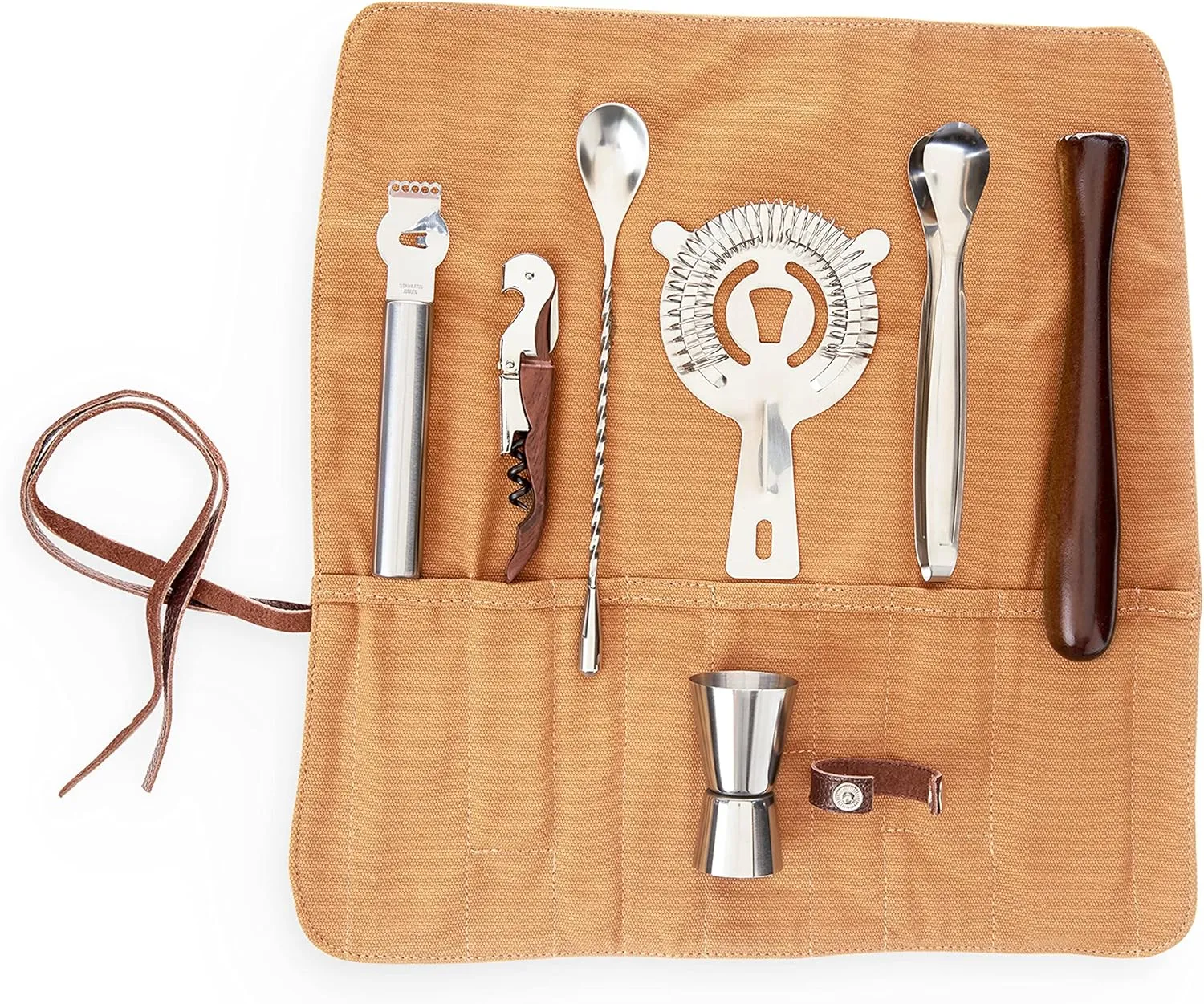 Foster & Rye Canvas Travel Bartender Kit Barware Set, Cocktail Tool Bag and Portable Bar Set perfect Gifts for Men, Set of 7, Brown