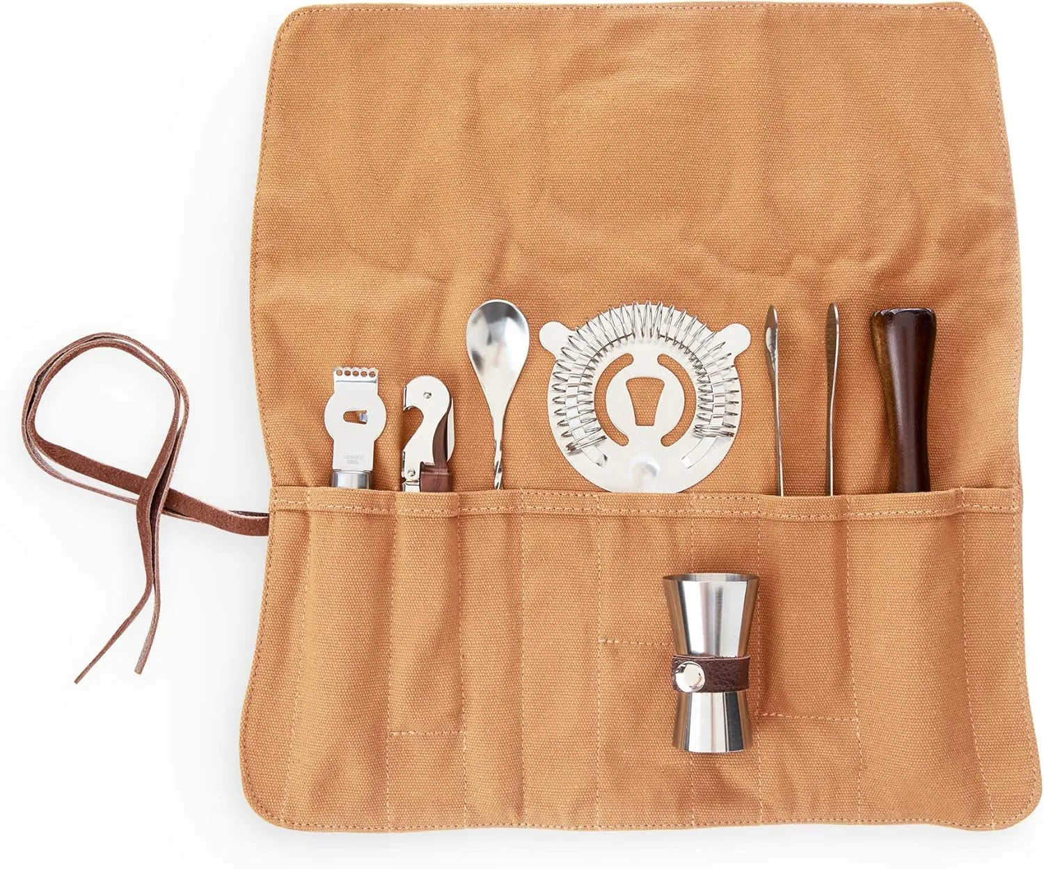 Foster & Rye Canvas Travel Bartender Kit Barware Set, Cocktail Tool Bag and Portable Bar Set perfect Gifts for Men, Set of 7, Brown