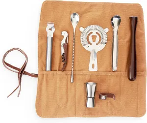 Foster & Rye Canvas Travel Bartender Kit Barware Set, Cocktail Tool Bag and Portable Bar Set perfect Gifts for Men, Set of 7, Brown