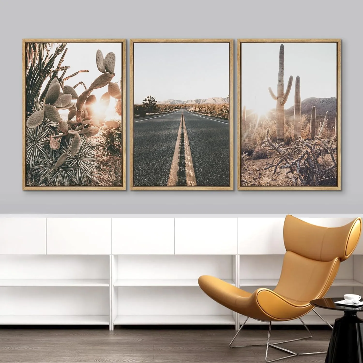Framed Canvas Print Wall Art Set Joshua Tree Desert Landscape Road Trip Texas Nature Wilderness Photography Modern Art Decorative Minimalist Floral Botanical for Bedroom - 24"x36"x3 Natural