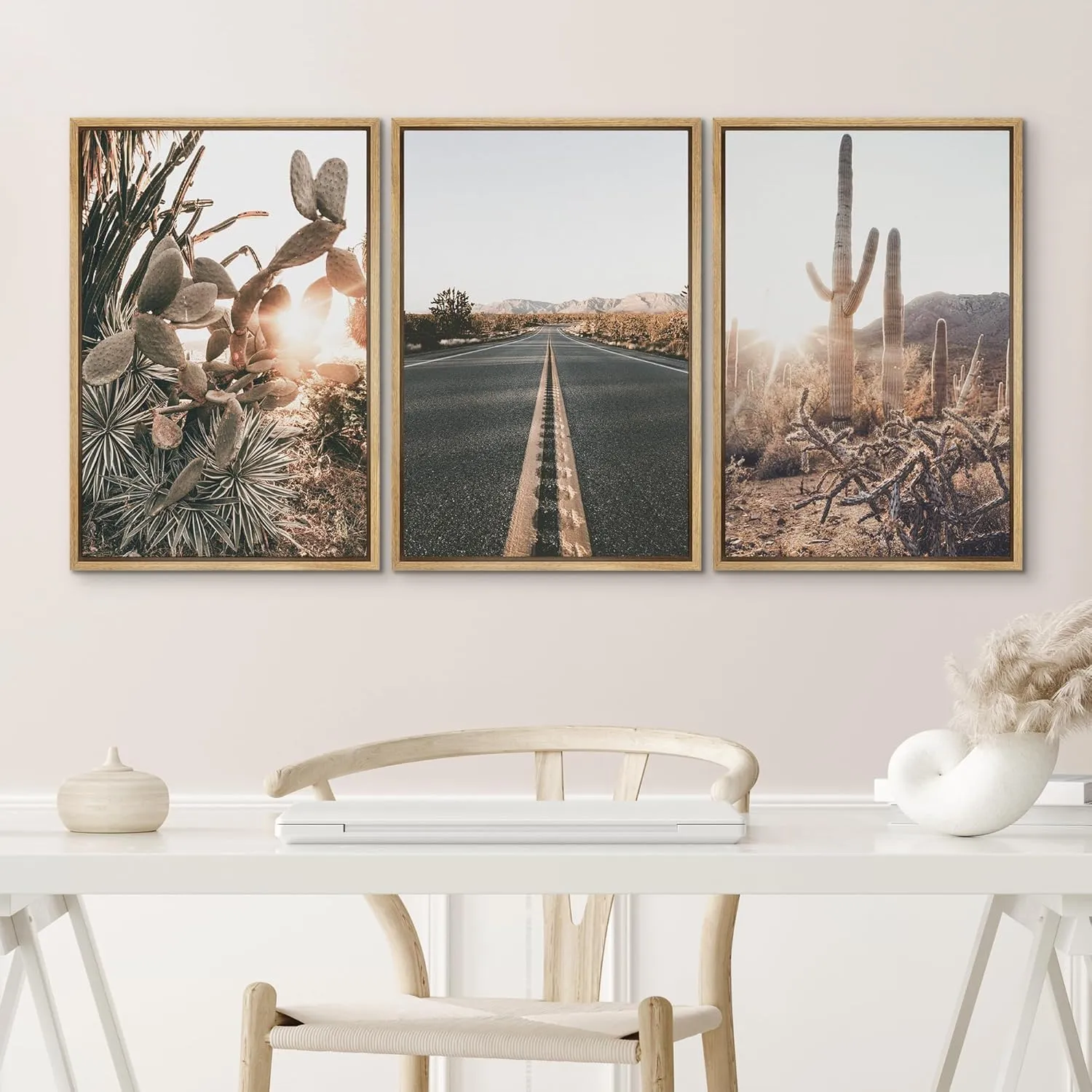 Framed Canvas Print Wall Art Set Joshua Tree Desert Landscape Road Trip Texas Nature Wilderness Photography Modern Art Decorative Minimalist Floral Botanical for Bedroom - 24"x36"x3 Natural