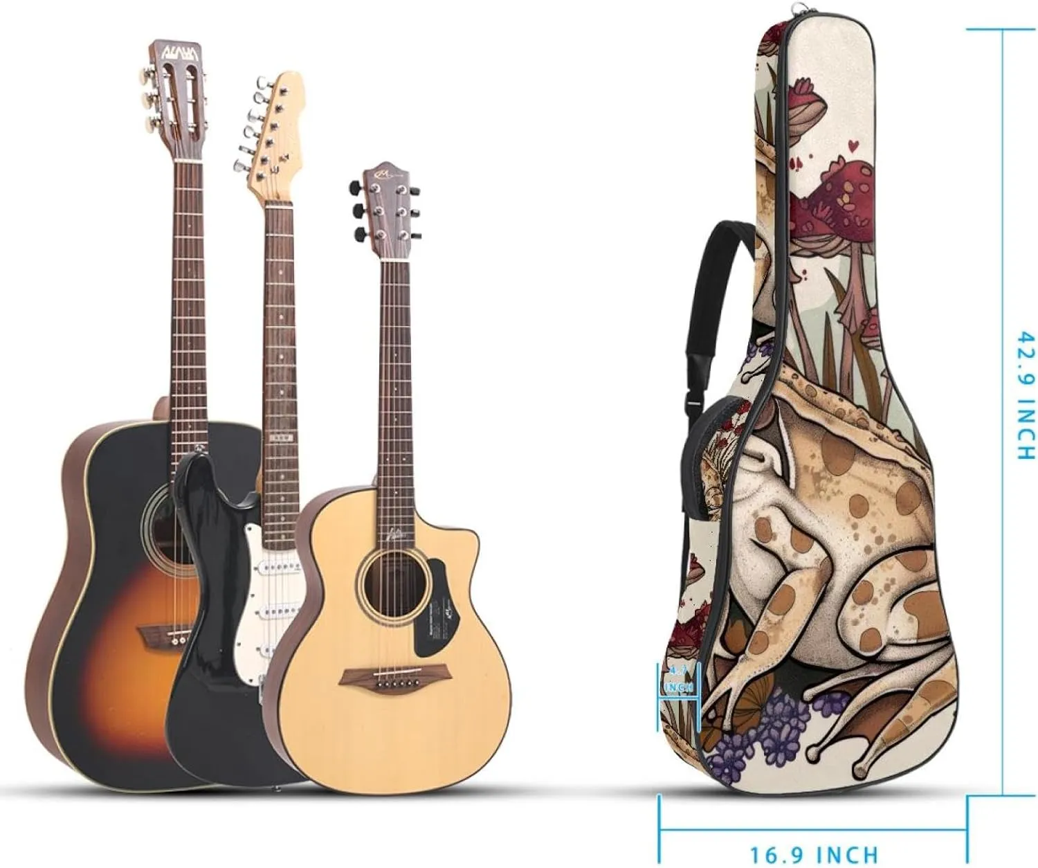 Frog with Mushrooms and Plants Pattern Acoustic Guitar Bag, Guitar Case Gig Bag 40 41 42 inch with Dual Adjustable Shoulder Strap and Back Hanger Loop