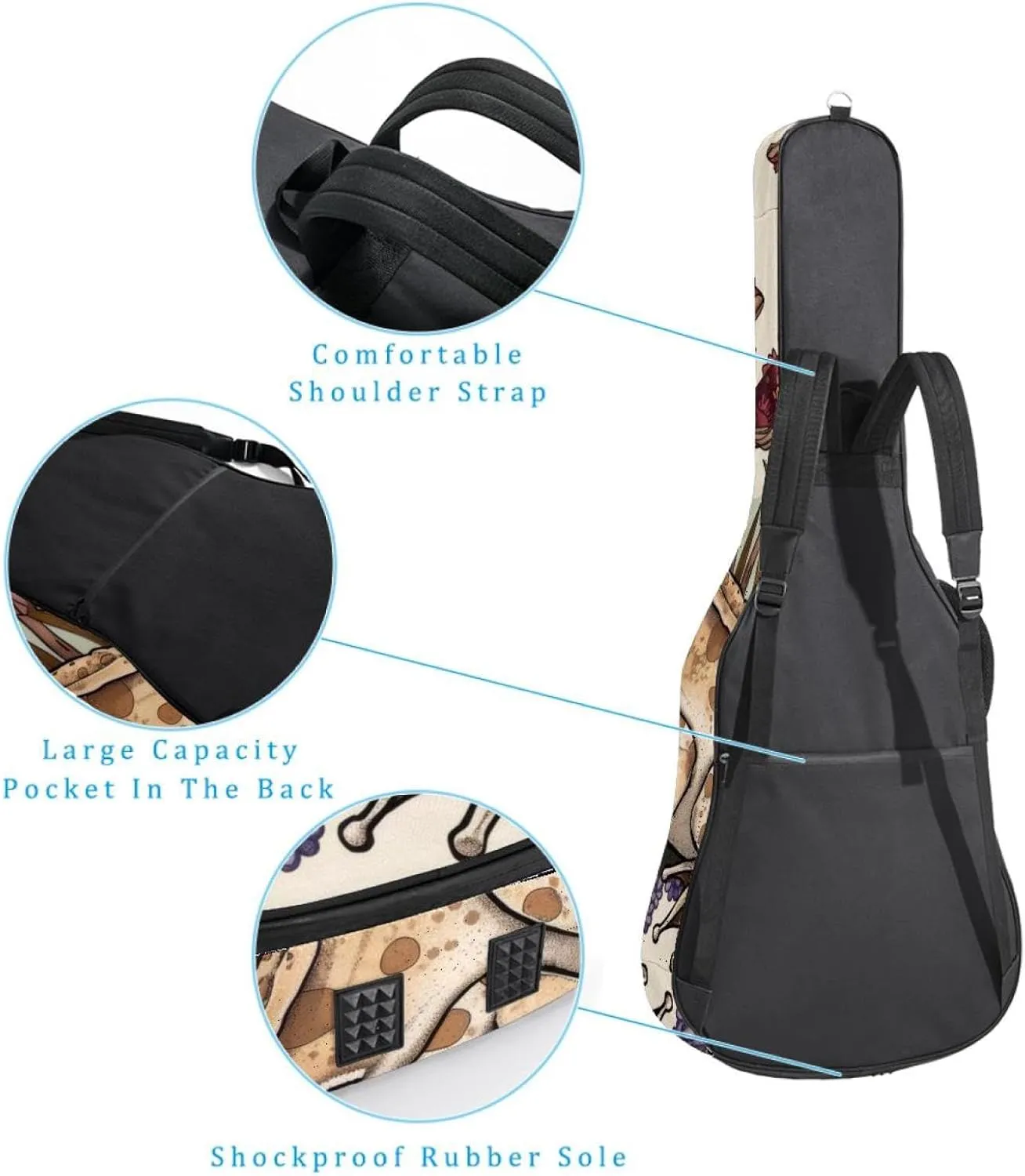 Frog with Mushrooms and Plants Pattern Acoustic Guitar Bag, Guitar Case Gig Bag 40 41 42 inch with Dual Adjustable Shoulder Strap and Back Hanger Loop