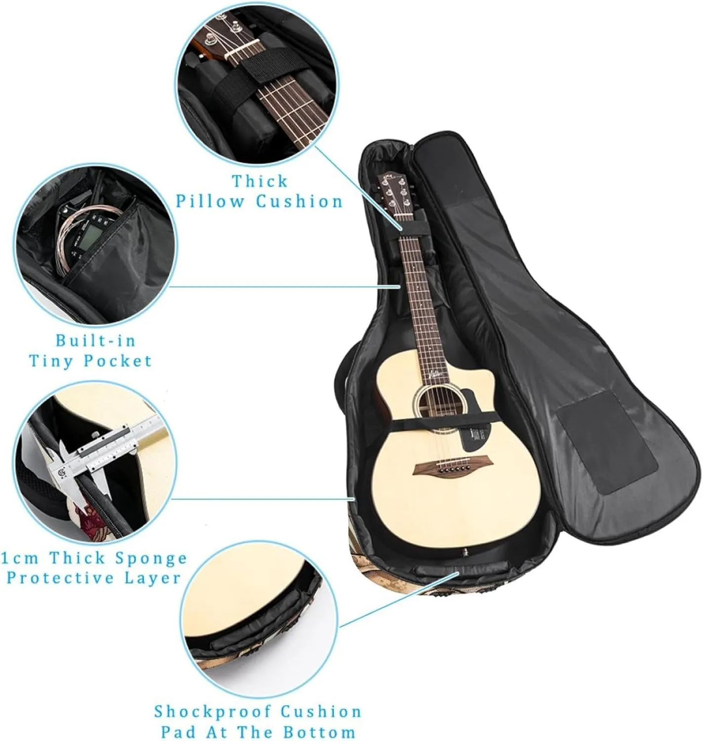 Frog with Mushrooms and Plants Pattern Acoustic Guitar Bag, Guitar Case Gig Bag 40 41 42 inch with Dual Adjustable Shoulder Strap and Back Hanger Loop