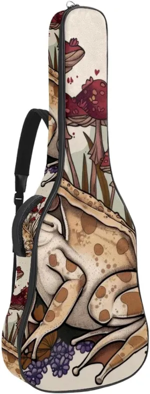 Frog with Mushrooms and Plants Pattern Acoustic Guitar Bag, Guitar Case Gig Bag 40 41 42 inch with Dual Adjustable Shoulder Strap and Back Hanger Loop