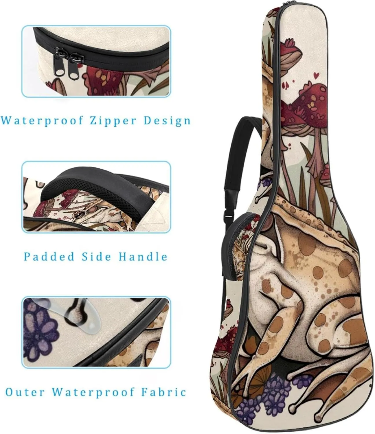 Frog with Mushrooms and Plants Pattern Acoustic Guitar Bag, Guitar Case Gig Bag 40 41 42 inch with Dual Adjustable Shoulder Strap and Back Hanger Loop