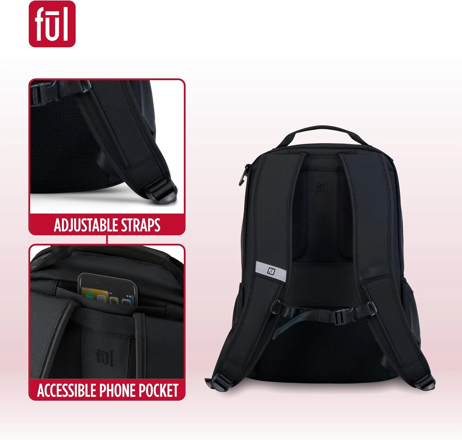 FUL Tactics Collection 15 Inch Laptop Backpack, Phantom Padded Computer Bag for Commute or Travel, Black, One Size