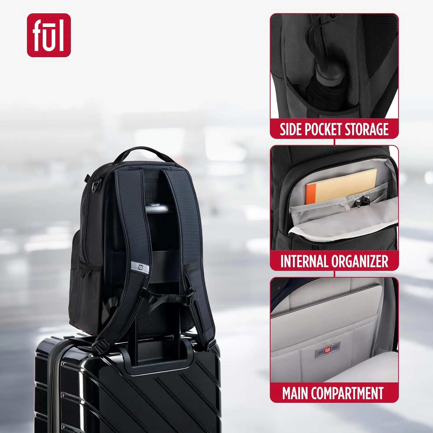 FUL Tactics Collection 15 Inch Laptop Backpack, Phantom Padded Computer Bag for Commute or Travel, Black, One Size