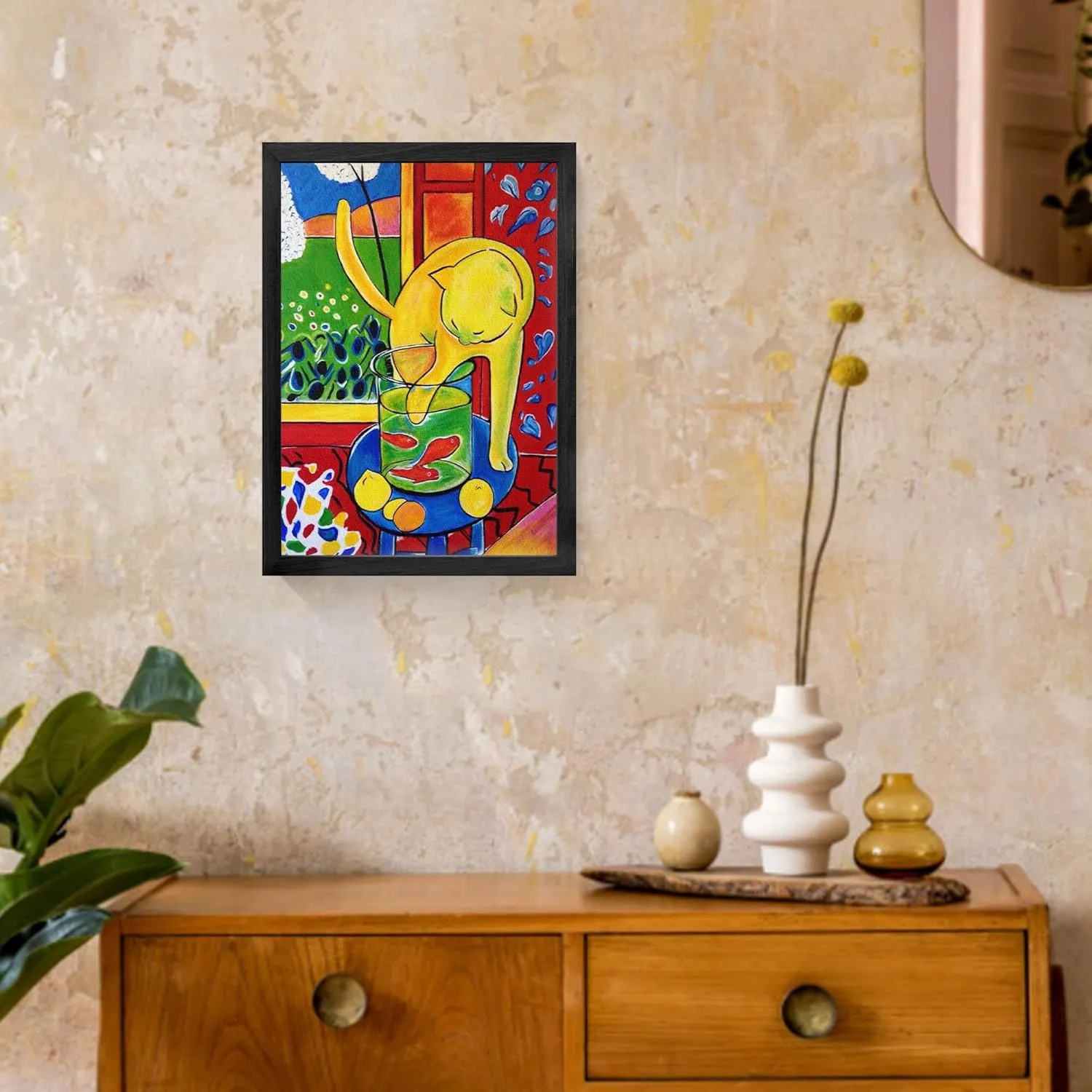 Funny Black Cat Wall Art Matisse Wall Art Vintage Framed Canvas Art Print for Living Room, Bedroom Black Frame (CAT 6, 16L x 12W)