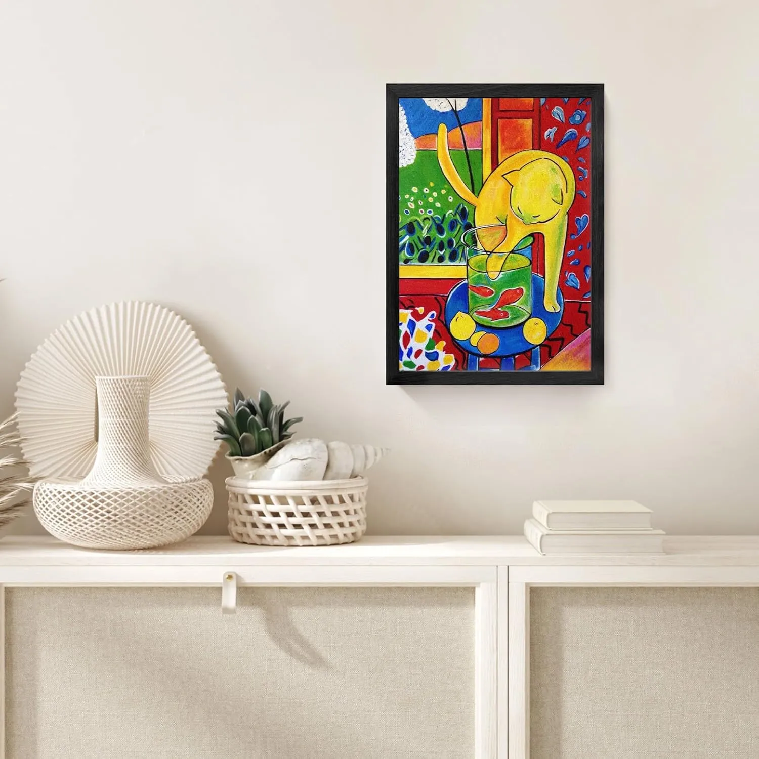 Funny Black Cat Wall Art Matisse Wall Art Vintage Framed Canvas Art Print for Living Room, Bedroom Black Frame (CAT 6, 16L x 12W)