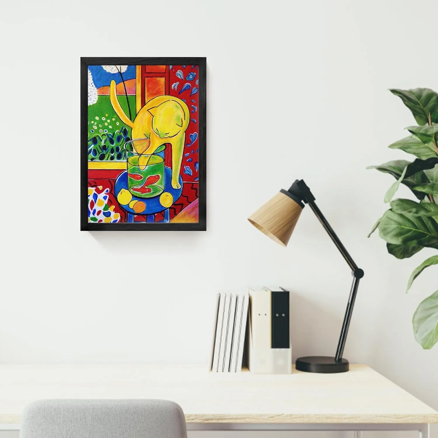 Funny Black Cat Wall Art Matisse Wall Art Vintage Framed Canvas Art Print for Living Room, Bedroom Black Frame (CAT 6, 16L x 12W)