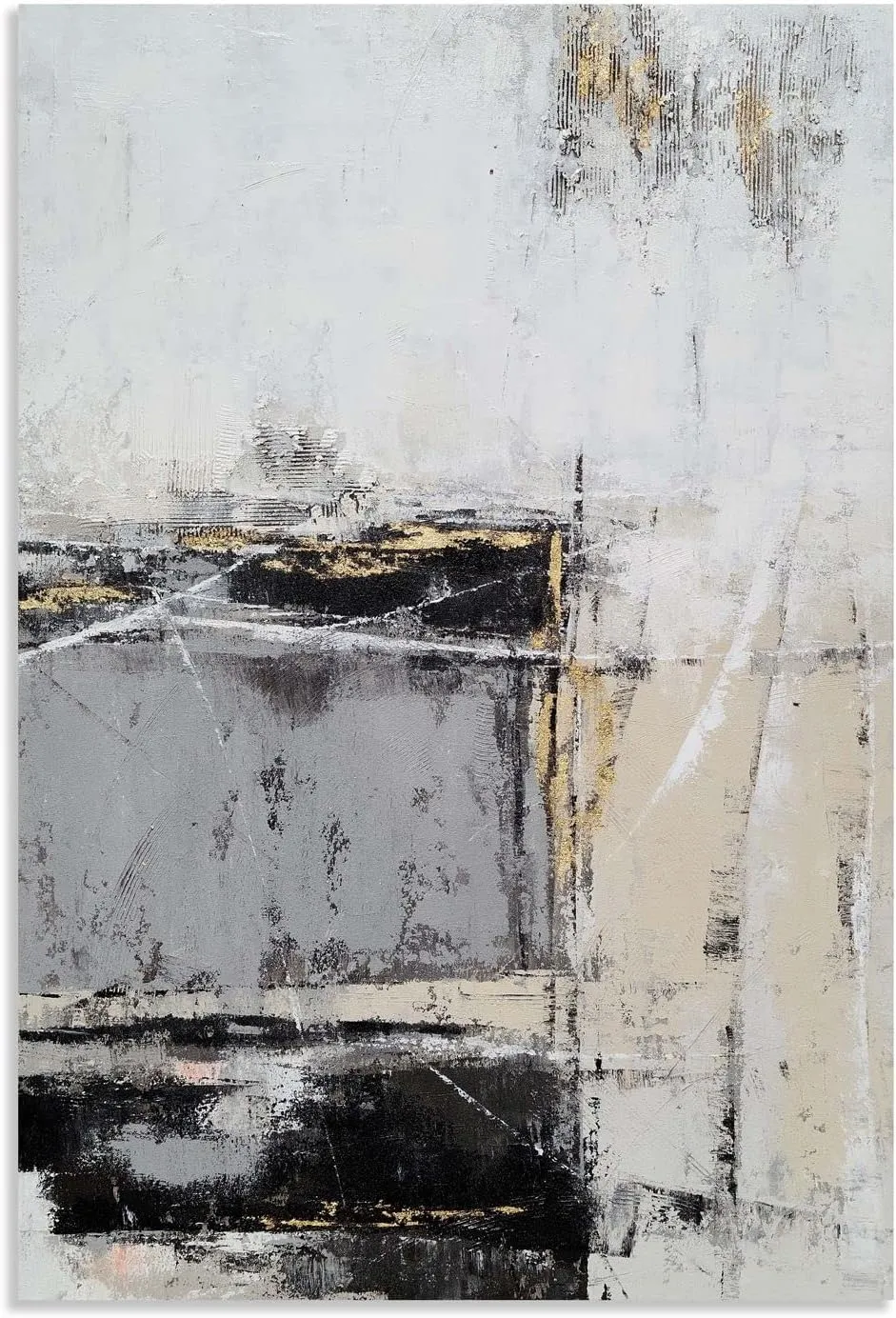 GALLERIEWALLA Black Gold White Canvas Wall Art - Abstract Oil Painting for Living Room Office Hallway Decor