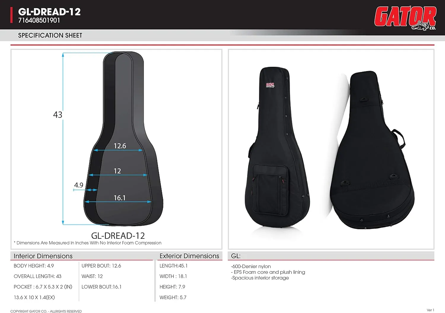 Gator Cases Lightweight Polyfoam Guitar Case For Dreadnaught Style Acoustic Guitars, (GL-DREAD-12)