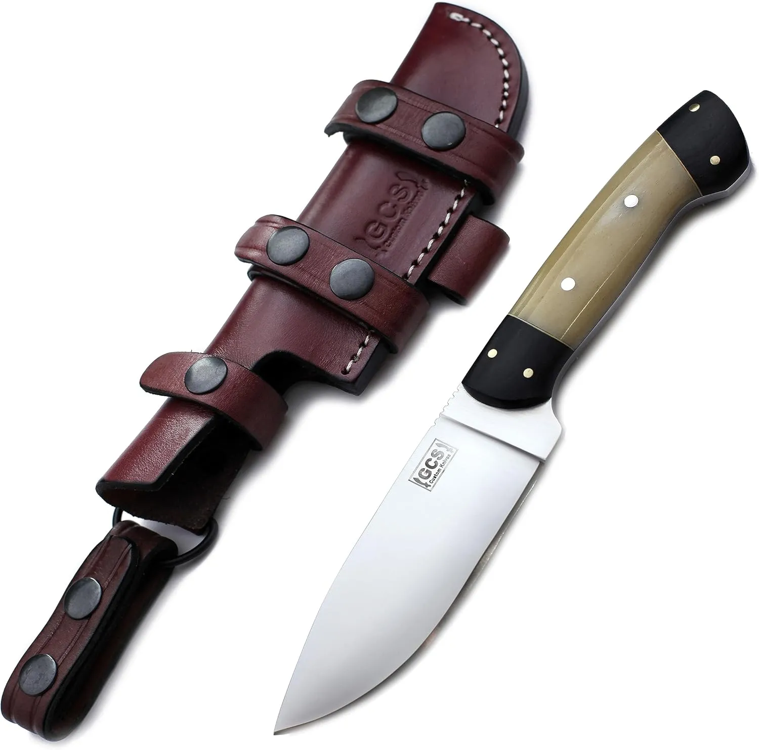 GCS Handmade Camel Handle D2 Tool Steel Tactical knife Hunting Knife Camp Knife with leather sheath Full tang blade designed for Hunting & EDC GCS 114