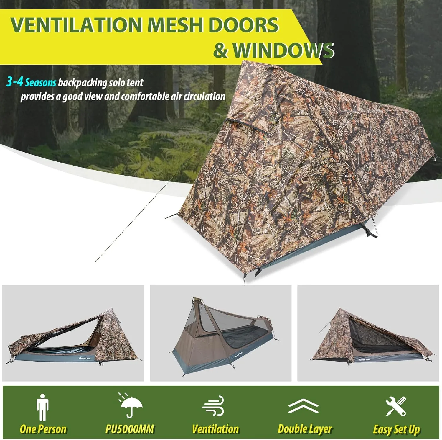 GEERTOP Ultralight Bivy Tent for 1 Person 3 Season Waterproof Single Person Backpacking Tent for Camping Hiking Backpack Travel Outdoor Survival Gear