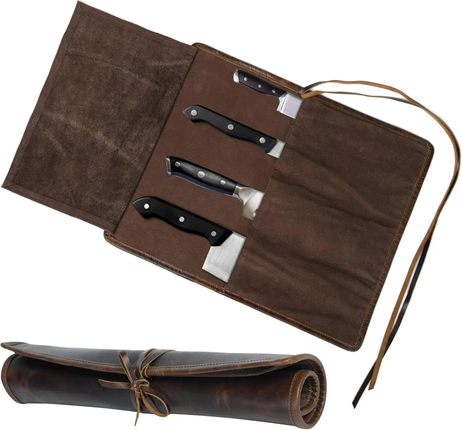 Genuine Buffalo Leather Small Knife Case Holder Chef's Knife Roll Holder Cutlery Sheath Carrying Case Organizer Storage Bag Travel Friendly Artist Gift for Men & Women Teak