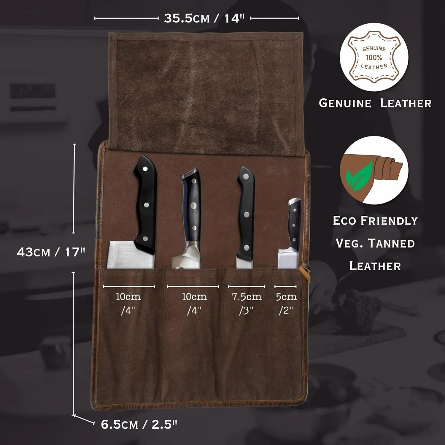 Genuine Buffalo Leather Small Knife Case Holder Chef's Knife Roll Holder Cutlery Sheath Carrying Case Organizer Storage Bag Travel Friendly Artist Gift for Men & Women Teak