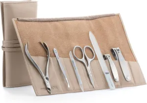 GERMANIKURE 7pc Manicure Set in Beige Leather Case - FINOX Stainless Steel Tools Made in Germany, Glass Nail Care Supplies Made in Czech Republic – Professional Cuticle and Nail Care Kit