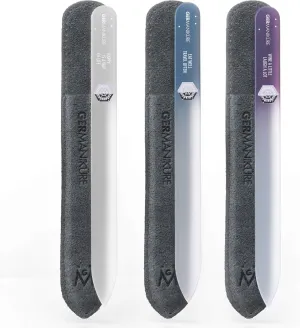GERMANIKURE Czech Crystal Glass Nail File 3 Pack in Suede Leather Case - Professional Manicure & Pedicure Products for Smooth Easy Shaping of Natural Nails