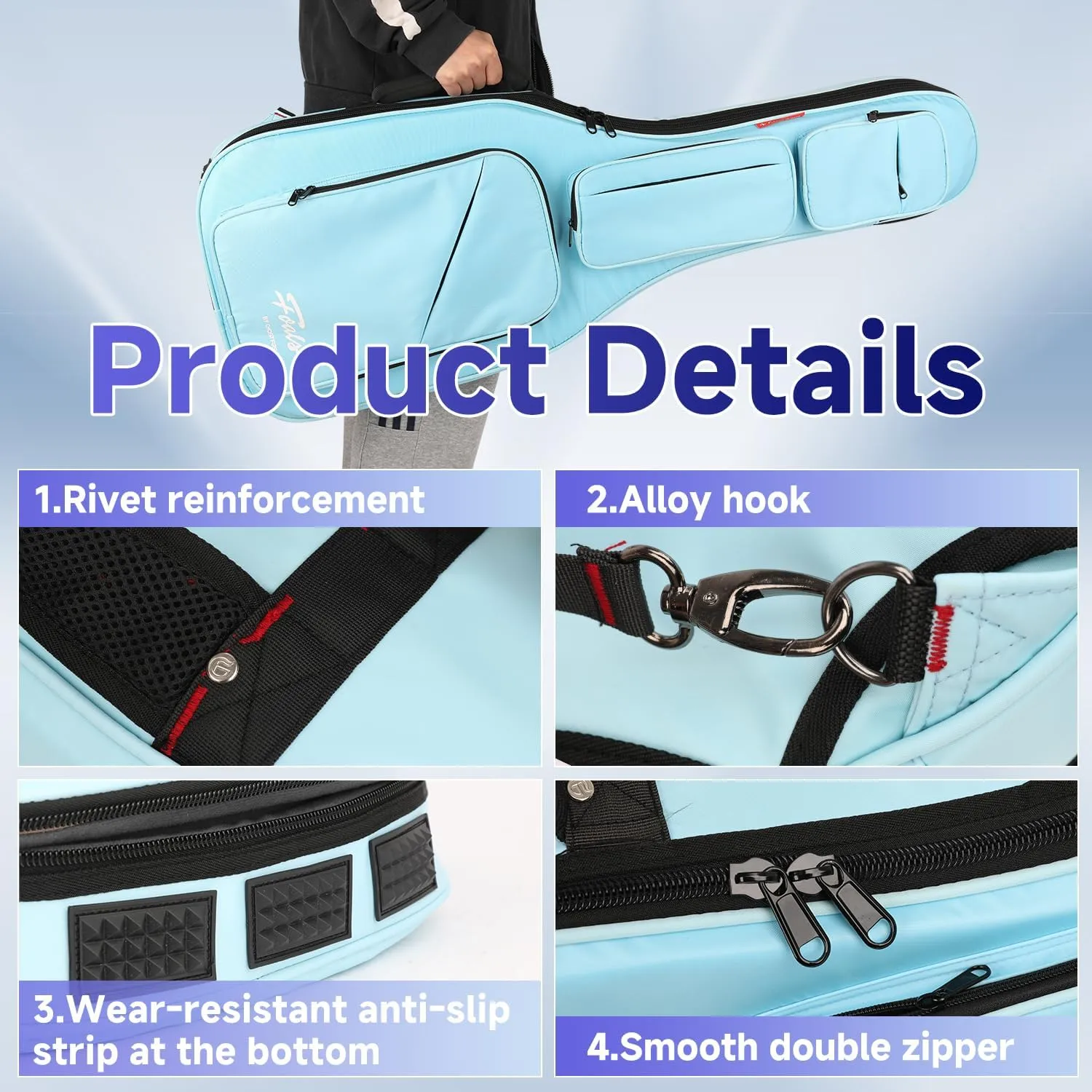 GHOSTFIRE FOALS Phantom Series Guitar Case Colorful Guitar Gig Bag Super thick with Storage Space (LightBlue, Headless Guitar)