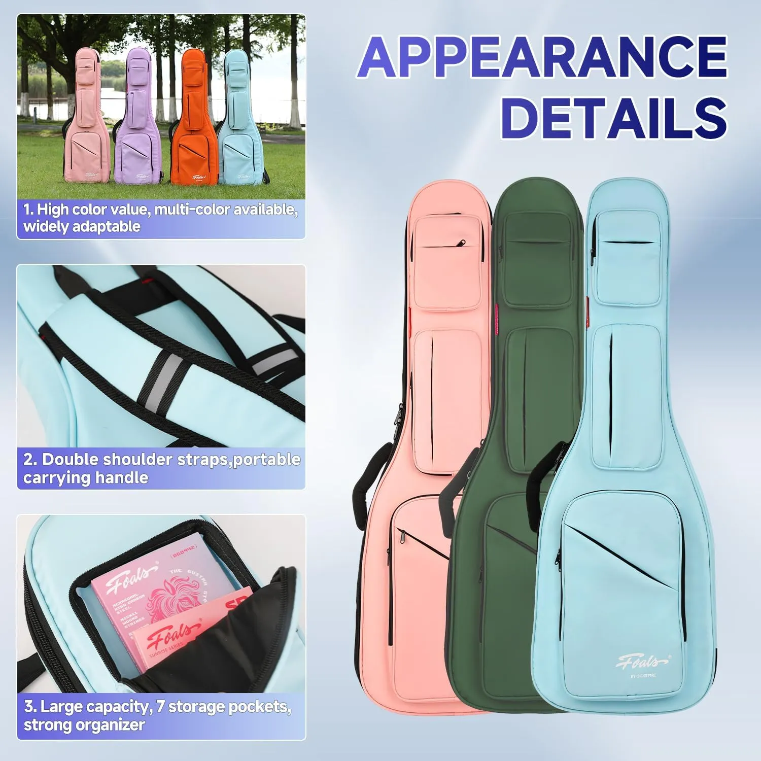 GHOSTFIRE FOALS Phantom Series Guitar Case Colorful Guitar Gig Bag Super thick with Storage Space (LightBlue, Headless Guitar)