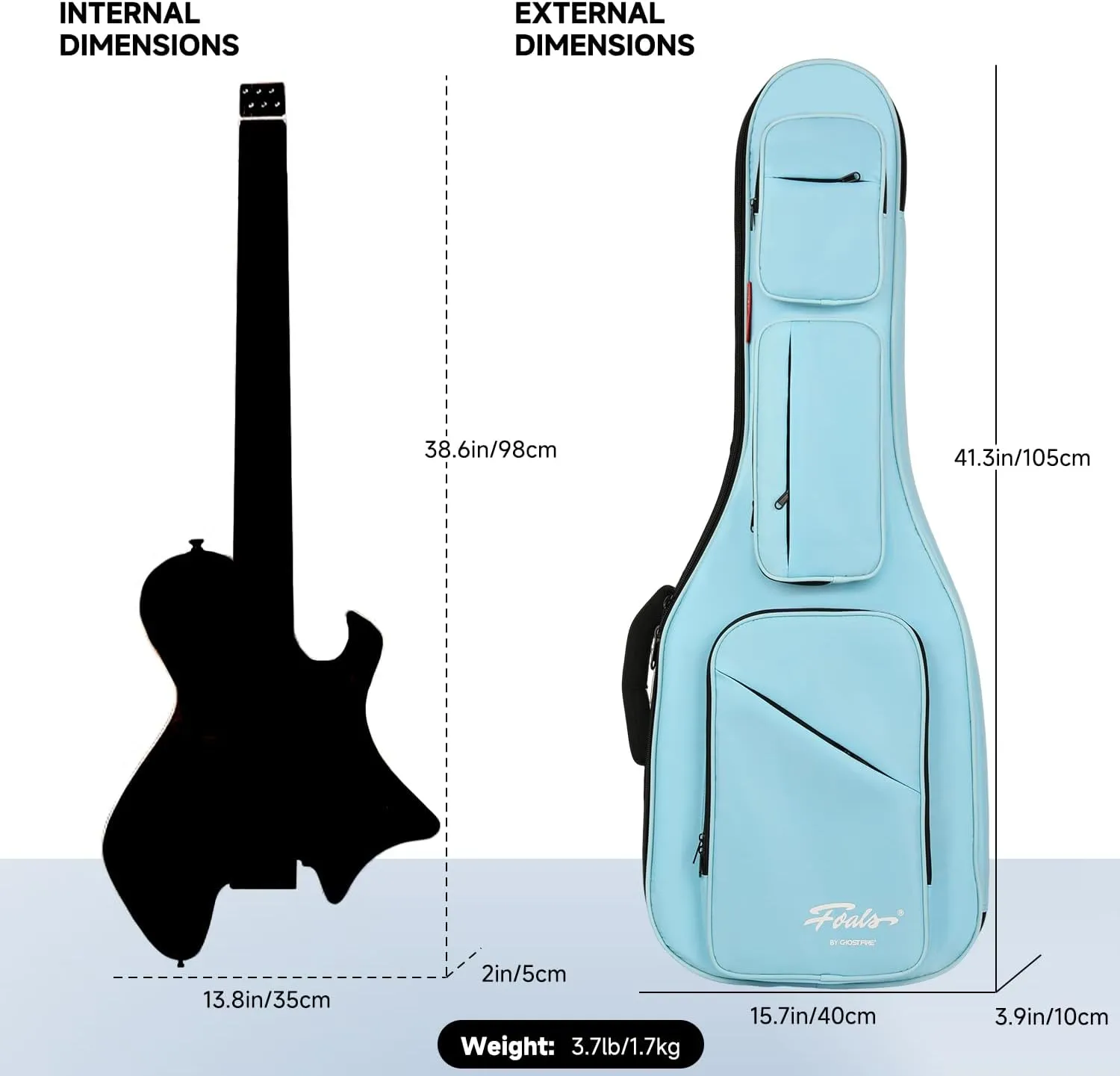 GHOSTFIRE FOALS Phantom Series Guitar Case Colorful Guitar Gig Bag Super thick with Storage Space (LightBlue, Headless Guitar)
