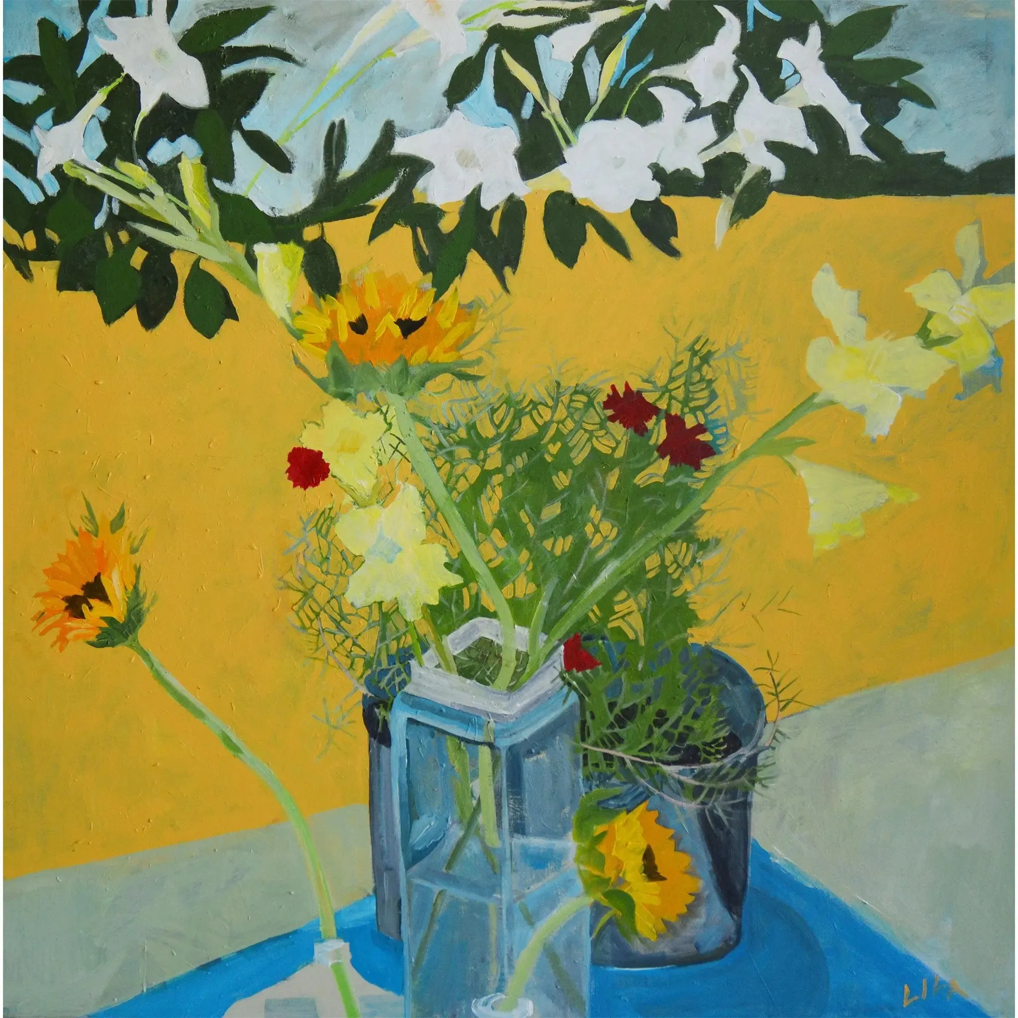 Gladiola and Ranunculus on the Deck c-lb322 by Lila Bacon Floral Painting on Canvas