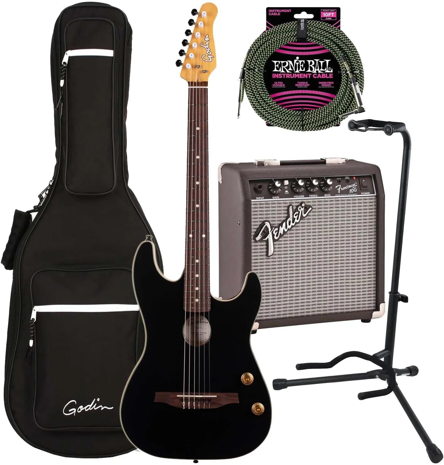 Godin (051458) G-Tour Nylon Acoustic-Electric Guitar, Matte Black, Fender Frontman 10G, Stand, Ernie Ball P06077 Bundle