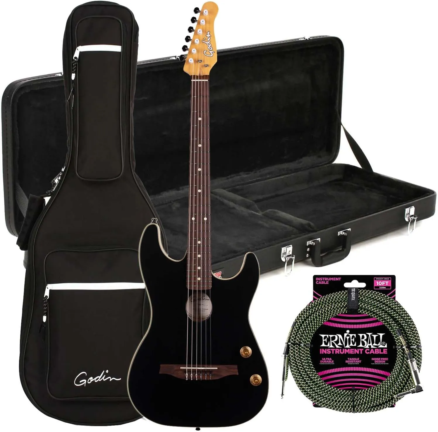 Godin (051458) G-Tour Nylon Acoustic-Electric Guitar, Matte Black, Gator Economy Wood Case, Ernie Ball P06077 Bundle