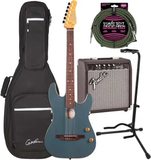 Godin (052233) G-Tour Nylon Acoustic Elec Guitar, Arctik Blue, Fender Frontman 10G, Gator Stand, Ernie Ball P06077 Bundle