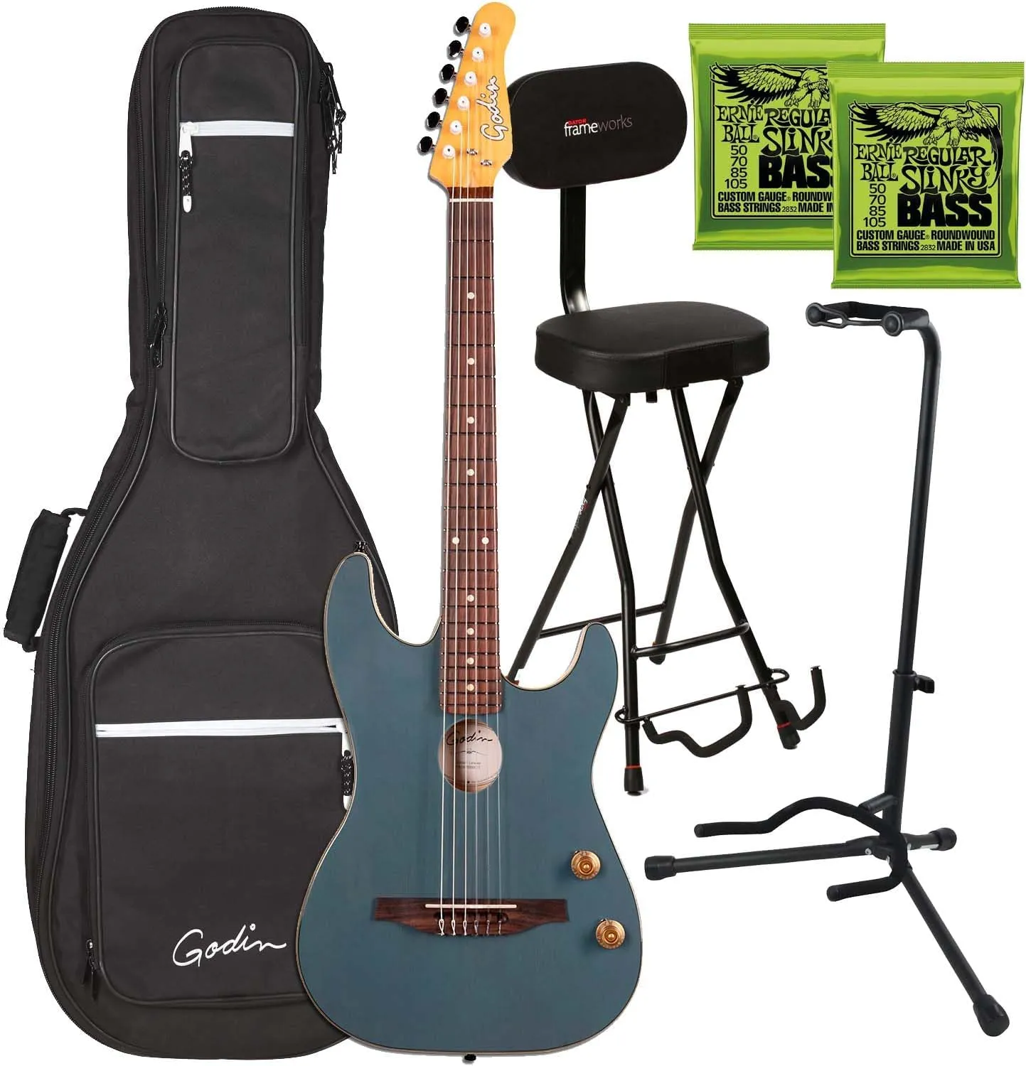 Godin (052233) G-Tour Nylon Acoustic Elec Guitar, Arctik Blue, Gator GFW-GTR-SEAT, Gator Stand, (2) Ernie Ball 2832 Bundle