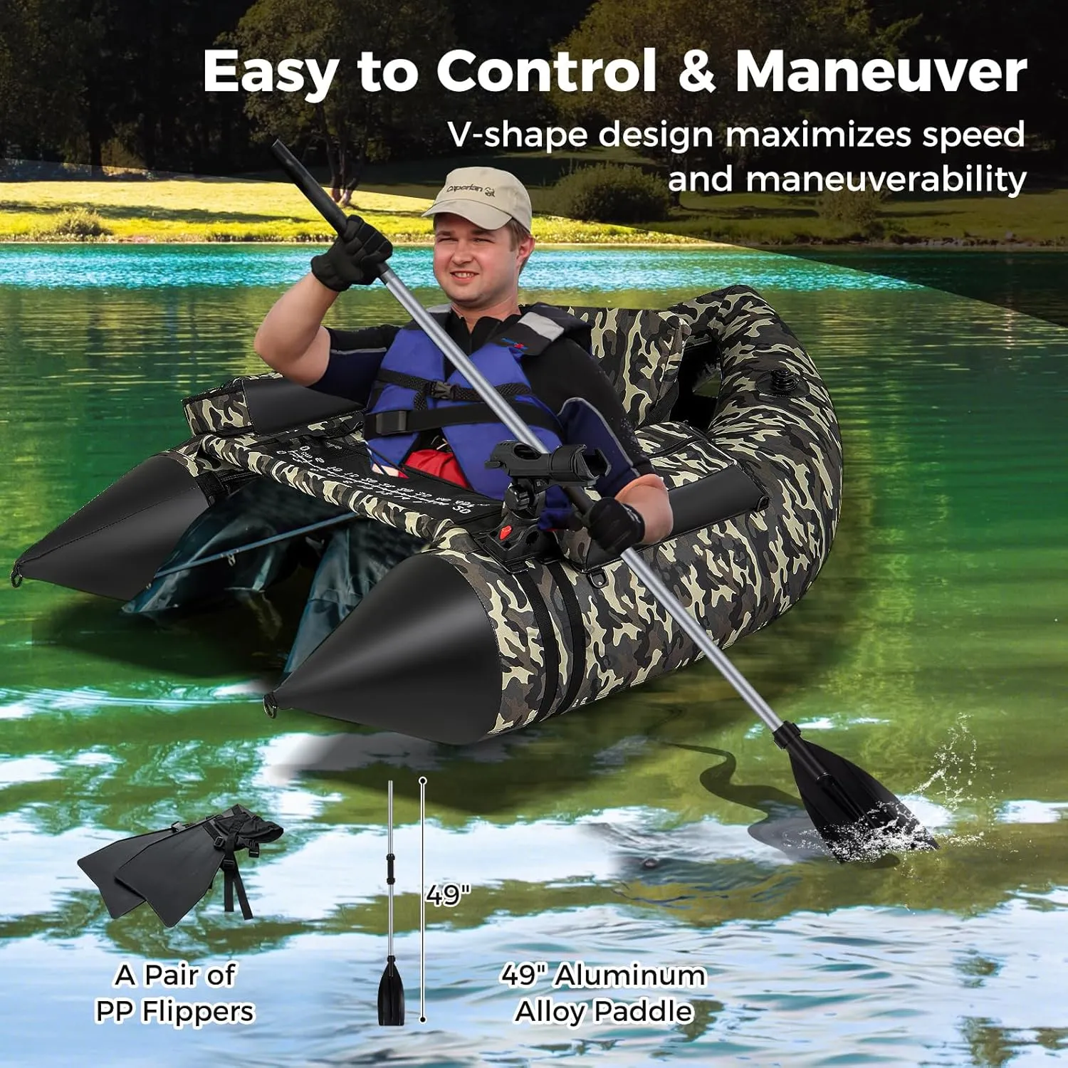Goplus Inflatable Float Tube, Fishing Belly Boat with Fish Ruler, Pump, Storage Bag, Adjustable Straps, Fishing Float Tube for Angling, 350LBS Load Capacity
