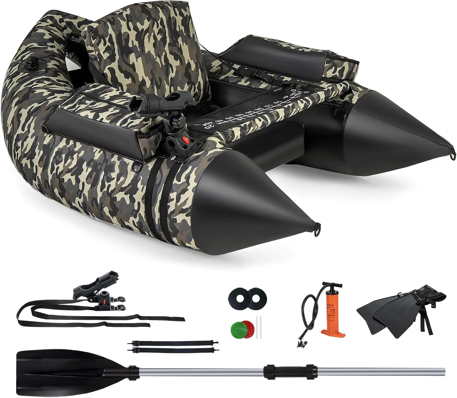Goplus Inflatable Float Tube, Fishing Belly Boat with Fish Ruler, Pump, Storage Bag, Adjustable Straps, Fishing Float Tube for Angling, 350LBS Load Capacity