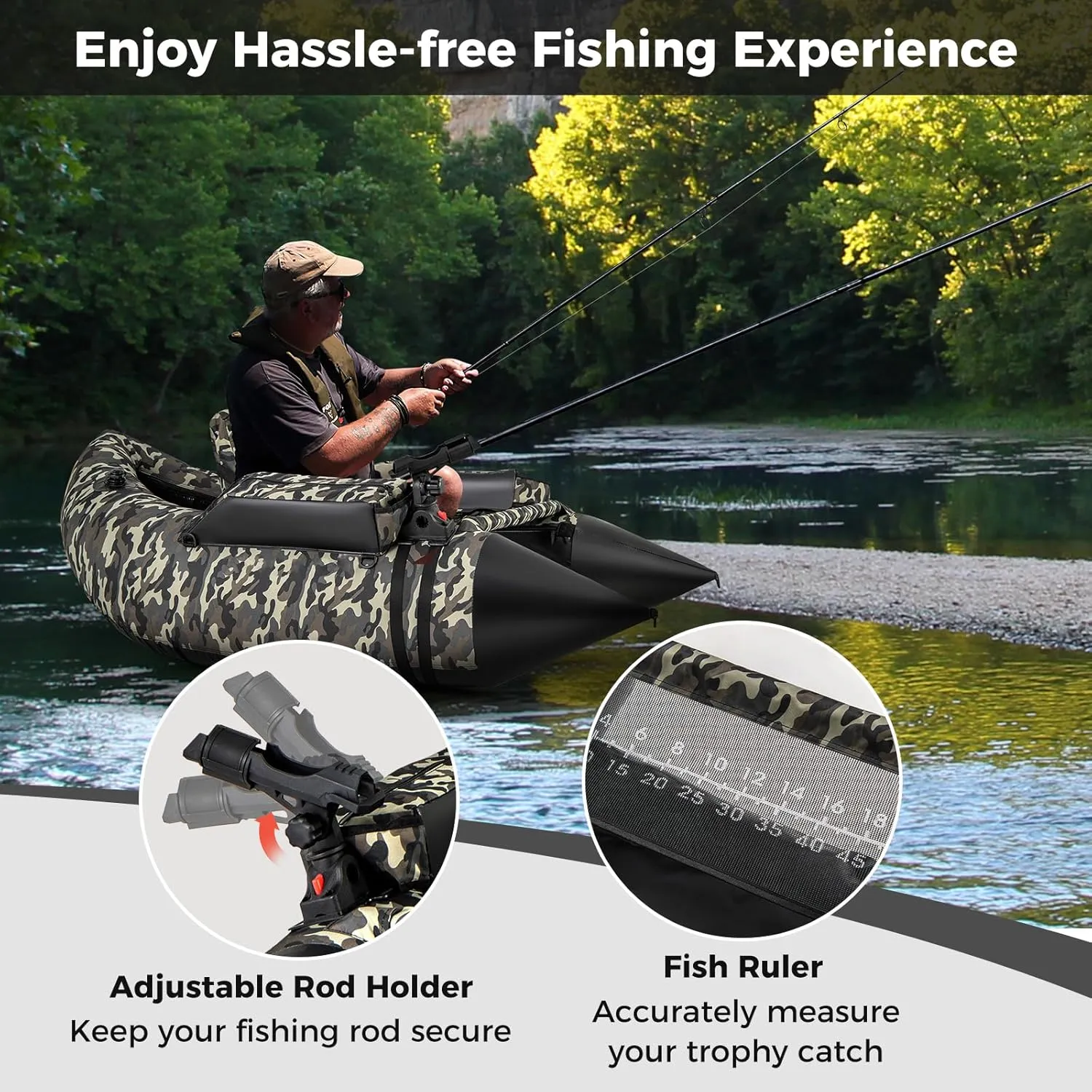 Goplus Inflatable Float Tube, Fishing Belly Boat with Fish Ruler, Pump, Storage Bag, Adjustable Straps, Fishing Float Tube for Angling, 350LBS Load Capacity