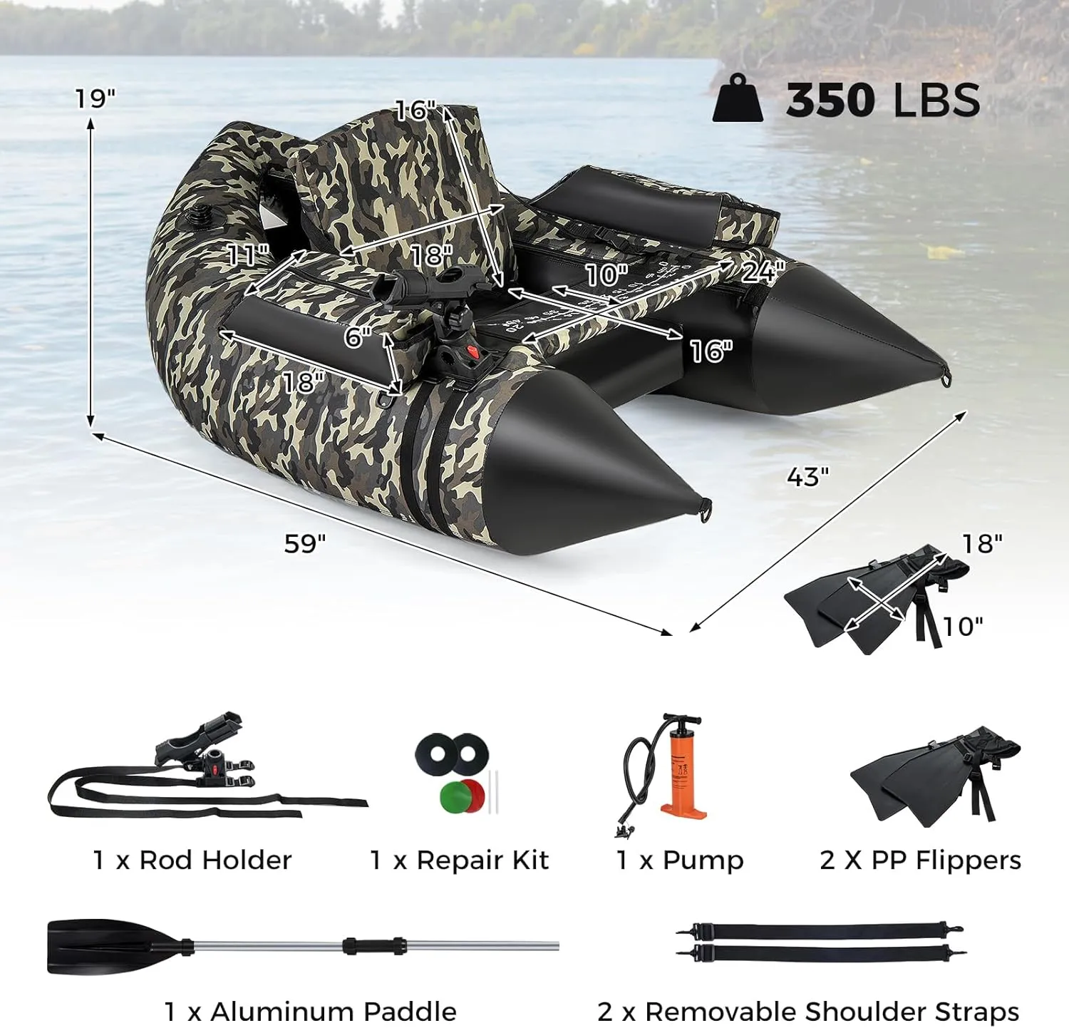 Goplus Inflatable Float Tube, Fishing Belly Boat with Fish Ruler, Pump, Storage Bag, Adjustable Straps, Fishing Float Tube for Angling, 350LBS Load Capacity