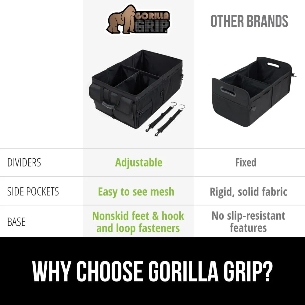 GORILLA GRIP Large Capacity Sturdy Trunk Storage Organizer, Slip and Water Resistant Collapsible Organization Container for Car Sedan or SUV, Multi Compartment Container Box Vehicle Accessories, Black