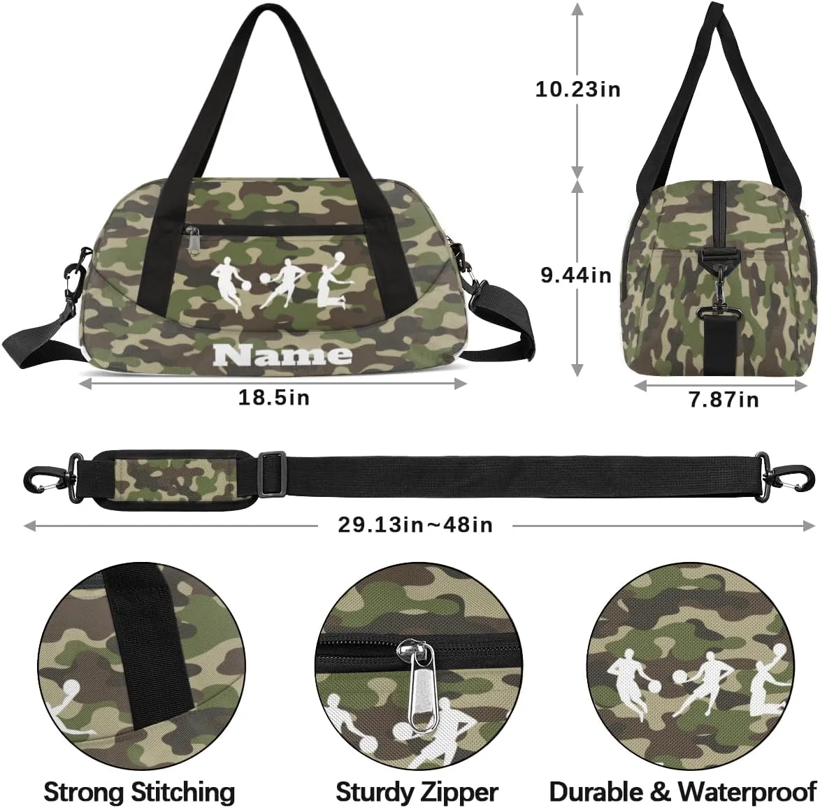Green Camouflage Basketball Sports Custom Name Kids Duffel Bags Personalized Customized Gifts Sports Gym Bag Girls Dance Bag Overnight Weekender Sleepover Travel Tote Carry On Bag for Boys