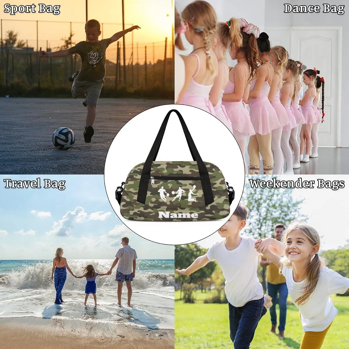 Green Camouflage Basketball Sports Custom Name Kids Duffel Bags Personalized Customized Gifts Sports Gym Bag Girls Dance Bag Overnight Weekender Sleepover Travel Tote Carry On Bag for Boys