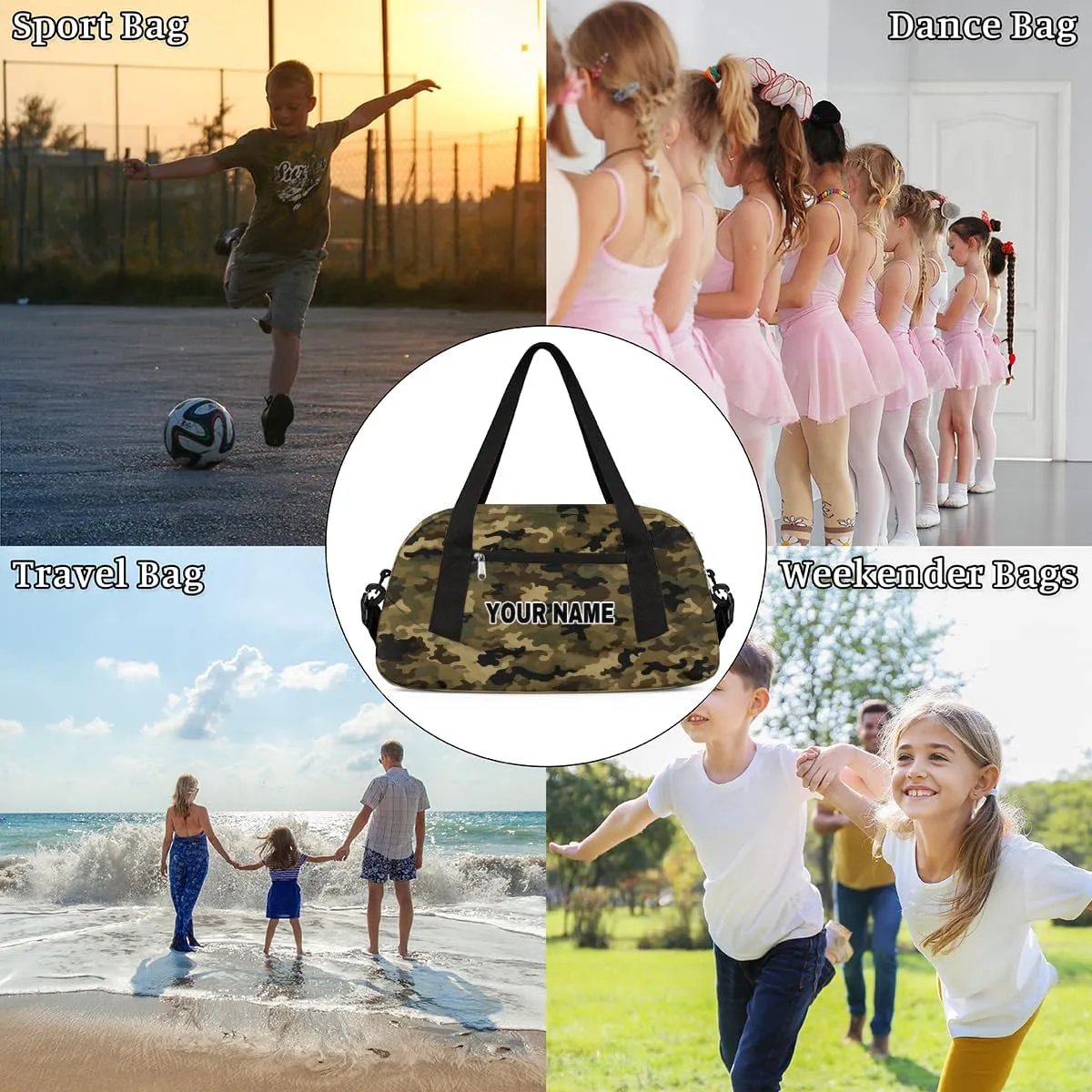 Green Camouflage Black Camo Personalized Kids Duffel Bags for Boys Girls, Personalized Custom Sports Gym Bag, Customized Travel Duffel Bag Girls Dance Bag Weekender Overnight Bag for Kids