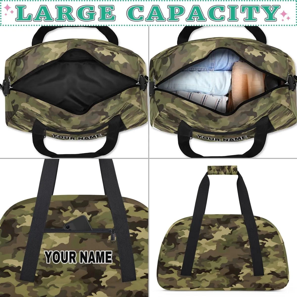 Green Camouflage Camo Pattern Personalized Kids Duffel Bags for Boys Girls Teen, Custom Sports Gym Bag, Customized Travel Duffel Bag Girls Dance Bag Weekender Overnight Bag for Kids