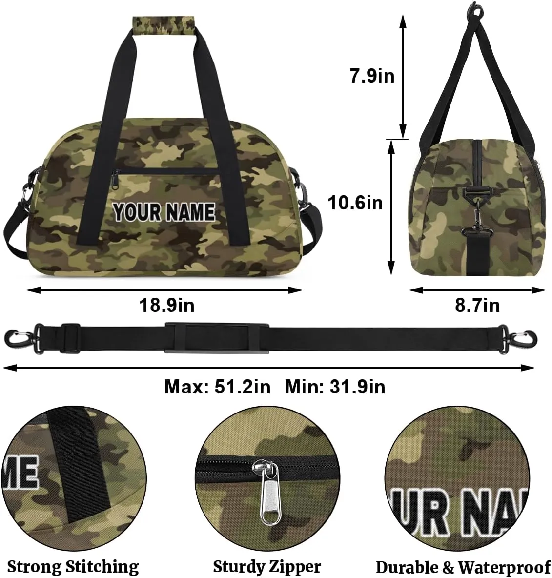 Green Camouflage Camo Pattern Personalized Kids Duffel Bags for Boys Girls Teen, Custom Sports Gym Bag, Customized Travel Duffel Bag Girls Dance Bag Weekender Overnight Bag for Kids