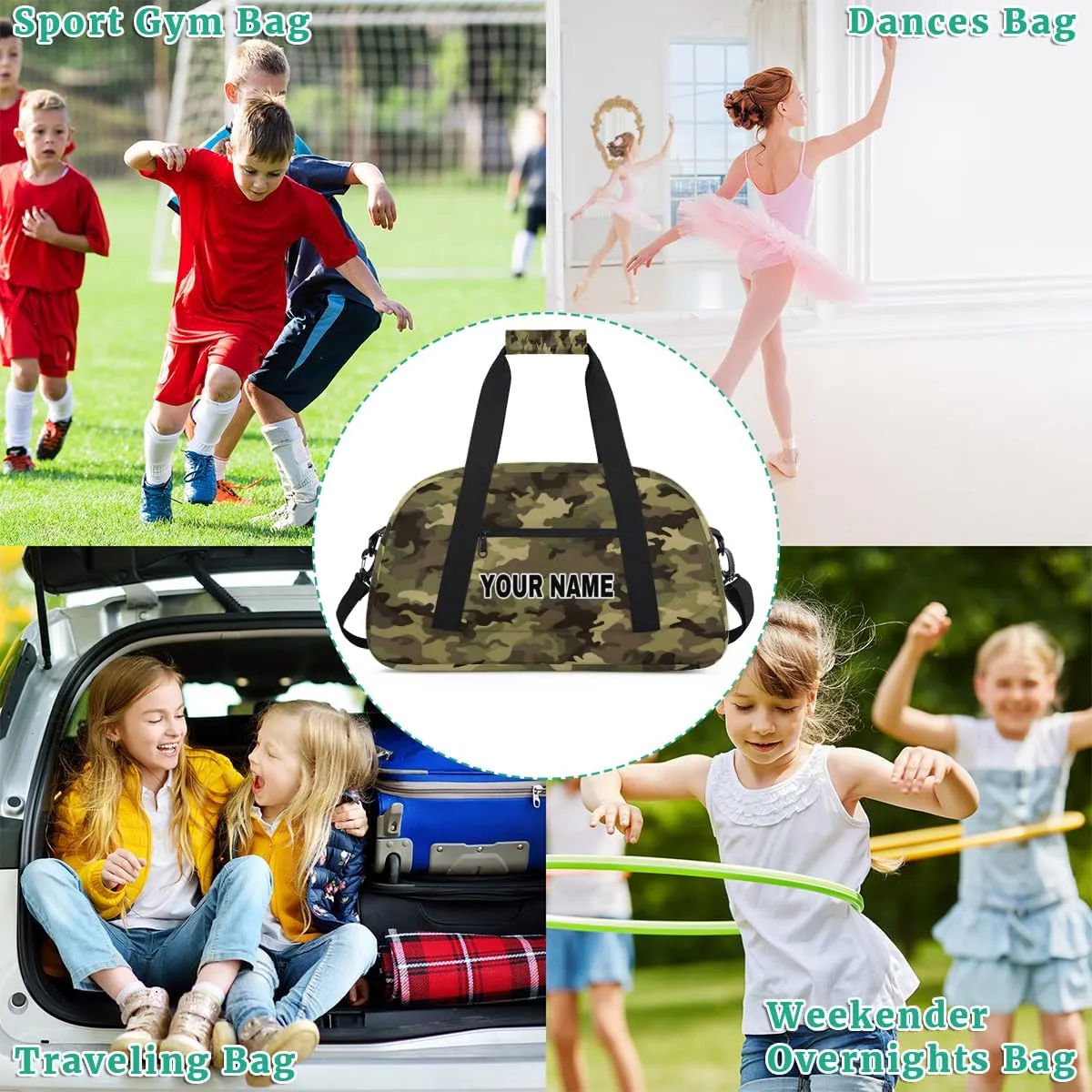 Green Camouflage Camo Pattern Personalized Kids Duffel Bags for Boys Girls Teen, Custom Sports Gym Bag, Customized Travel Duffel Bag Girls Dance Bag Weekender Overnight Bag for Kids