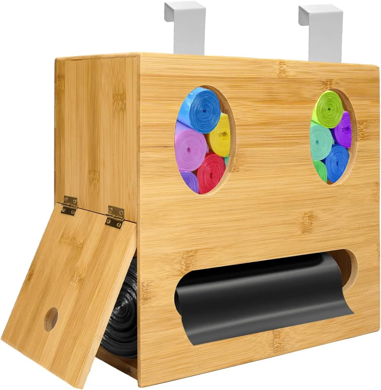 Grocery Bag Holder & Trash Bag Dispenser, 2 in 1-Bamboo Plastic Bag, Garbage Bag Holder Wall Mount, Holder with Large Storage Capacity, Grocery Plastic Bag Dispenser for Kitchen Organization