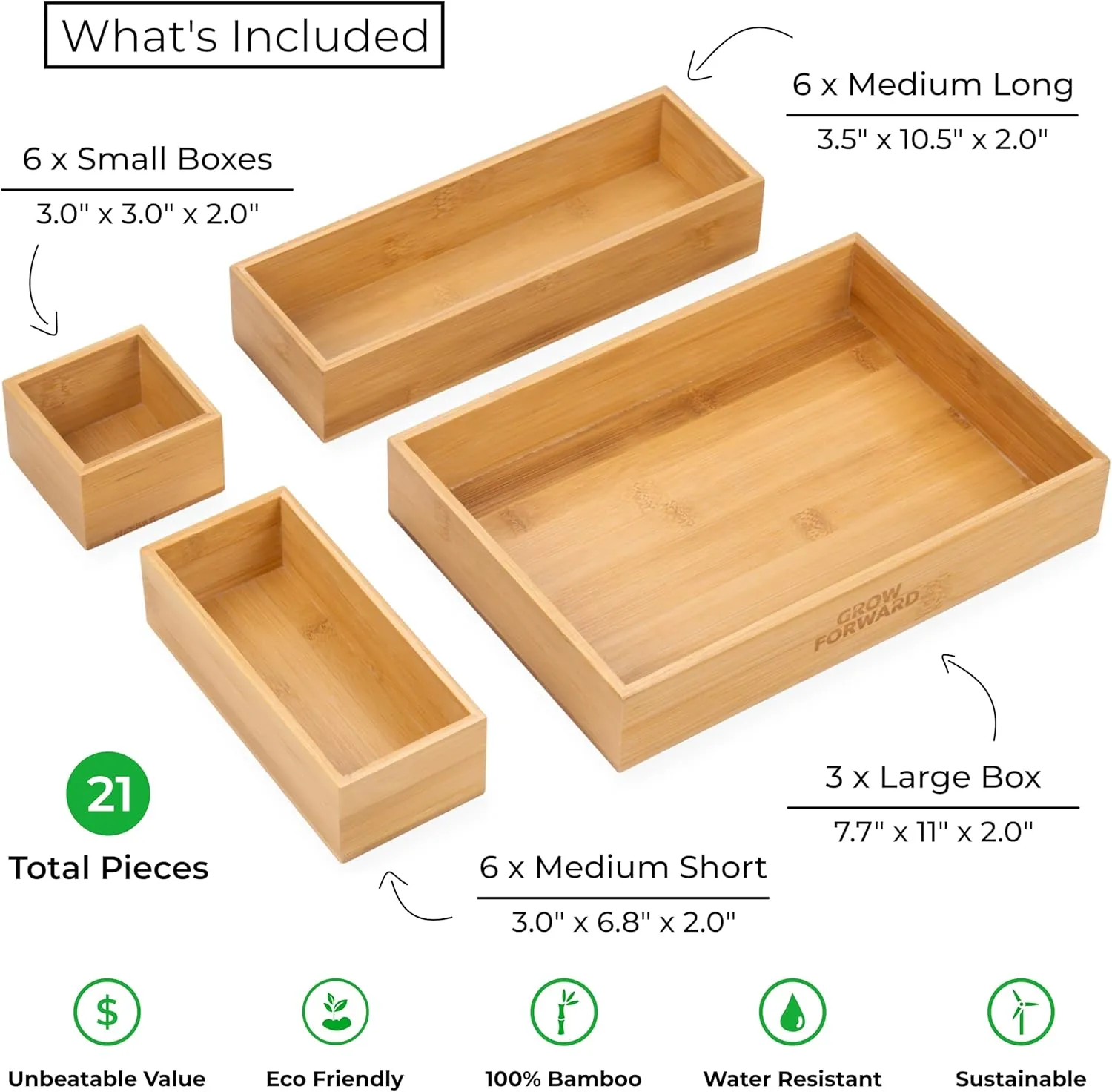 Grow Forward Bamboo Drawer Organizer Boxes - Set of 21 Wooden Drawer Organizers for Kitchen, Bathroom, Office, Desk, Vanity, Makeup - Non-Slip Junk Drawer Organizer Trays for Storage and Organization
